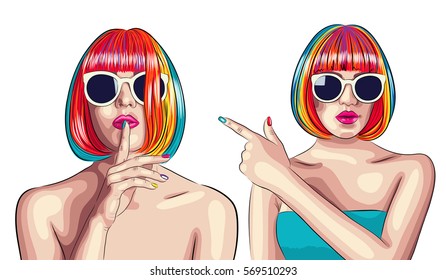 vector beautiful woman wearing colorful wig and white sunglasses. EPS