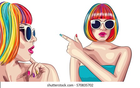 vector beautiful woman wearing colorful wig and white sunglasses. EPS