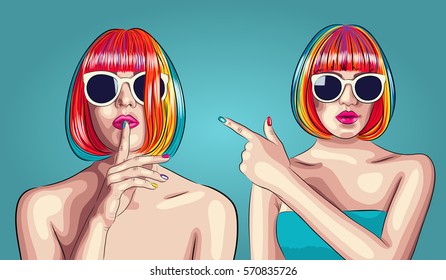 vector beautiful woman wearing colorful wig and white sunglasses. EPS