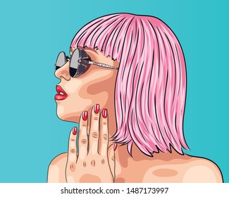 vector beautiful woman wearing pink wig and sunglasses. EPS