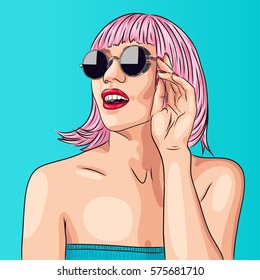 vector beautiful woman wearing pink wig and sunglasses. EPS