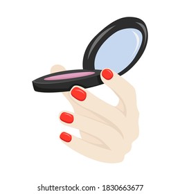 La mano de una mujer hermosa vectorial con polvo compacto. Icono, pegatina para tienda de Internet. Para salón de belleza, imprenta, afiche, tarjeta decorativa.