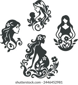 Vector hermosas mujeres ornamental y floral serie, vinilo listo. Retratos estilizados de exquisitas damas de pelo largo, mujeres embarazadas, madre con bebé. Concepto de belleza, maternidad, salud y felicidad