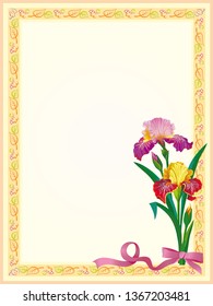 Vector beautiful yellow text frame with bright garden flowers irises