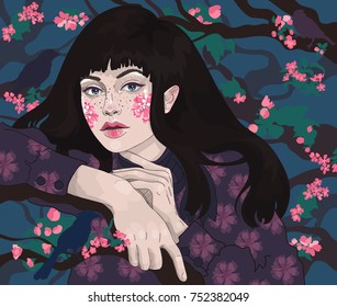 Vector beautiful young brunette girl in a blooming garden among birds, flowers and trees