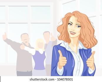 vector Beautiful young business woman with colleagues with thumbs up at the office smiling