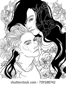 vector beautiful young couple, brunette and blond, the girl's heart is flowering with a dog rose from love