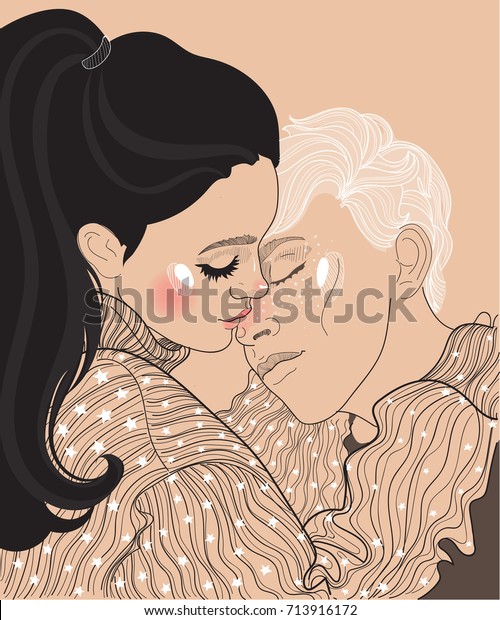 ベクター画像の美しい若い男女 セーターを着た女の子が抱擁し 鼻に優しくキスをし 恋人のロマンチックな恋人 のベクター画像素材 ロイヤリティフリー