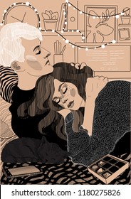 vector beautiful young couple hugging and falling asleep, watching a movie, together with a cat