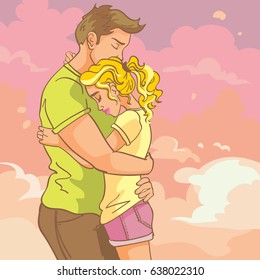 Vector beautiful young couple in love, hug illustration