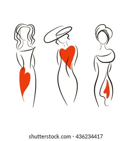 Vector with a beautiful young girl model for design. Set of three models. Dress, style, fashion, youth, beauty, sketch, heart