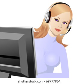 vector beautiful young girl smiling blond phone operator in headphones