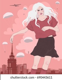 Vector beautiful young girl walking around the city during the holiday , The girl of the giantess , Head in the clouds, and the whole world at her feet