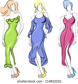 vector beautiful young girls in a dresses green, red and blue colors isolated on white background. 