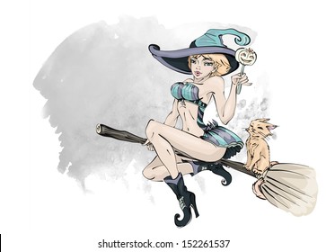 Vector beautiful young witch with cat and pumpkin halloween flying on broom