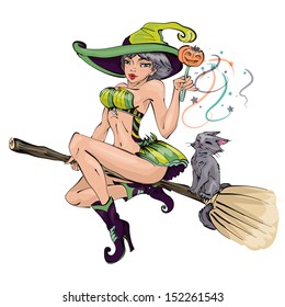 Vector beautiful young witch with cat and pumpkin halloween flying on broom