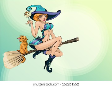 Vector beautiful young witch with cat and pumpkin halloween flying on broom