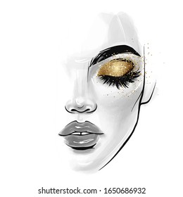 Vector beautiful young woman face. Girl portrait with black lashes, brows, Closed eyes with glitter eyeshadow. Fashion Sketch illustration for beauty salon, posters and social media.