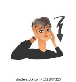 Vector beautiful young woman with lighting arrow as sign of stress and depression. Girl with sad, dissapointed facial expression with negative emotion. Unhappy upset female character illustration