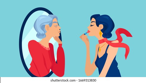 Vector of a beautiful young woman looking in the mirror with an aging reflection of herself looking at her 