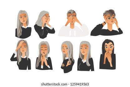 Vector beautiful young woman with negative emotions set. Blonde and brunette girl with sad, angry, terrified and exhausted facial expression collection. Isolated illustration