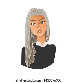 Vector beautiful young woman portrait with negative emotion. Blonde girl with sad, dissapointed facial expression. Unhappy upset female character. Isolated illustration