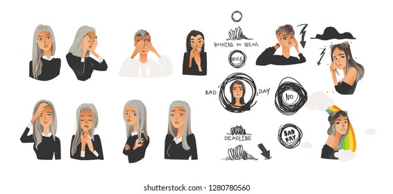 Vector beautiful young women with negative emotions and symbols set. Blonde and brunette girl with sad, angry, terrified and exhausted facial expression collection. Isolated illustration