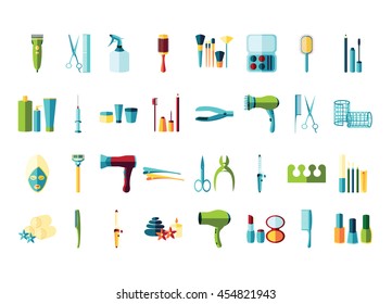 Vector beauty accessories flat icon set. Isolated on white background. Make up, manicure, pedicure, skin care, hairdressers.