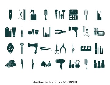 Vector beauty accessories flat icon set. Isolated on white background. Black silhouette beauty icon: make up, manicure, pedicure, skin care, hairdressers. Flat icons for logo, web site design, app, UI