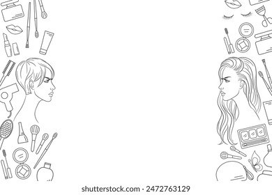 Vector beauty background with blank space for fashion blogs, beauty salons, spas, hairdressers, or wellness centers. Beauty, Cosmetic, and Makeup line icons. 