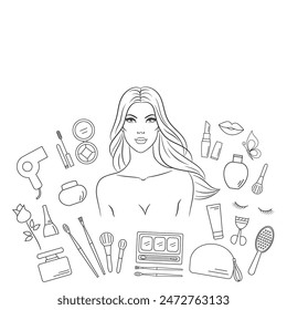 Vector beauty background with blank space for fashion blogs, beauty salons, spas, hairdressers, or wellness centers. Beauty, Cosmetic, and Makeup line icons. Vector beauty template