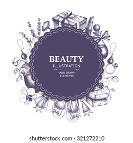 Vector beauty background with ink hand drawn cosmetics and jeweleries illustration in lilac color. Vintage fashion template