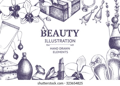 Vector beauty background with ink hand drawn cosmetics and jeweleries illustration in lilac color. Vintage fashion seamless pattern