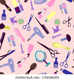 Vector Beauty and Barber shop background for Hair and Beauty salon, Barber Shop. Fashion woman accessory professional tools.