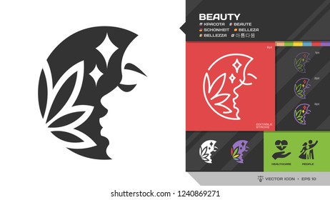Vector beauty black glyph silhouette and editable stroke thin outline single icon with glamour woman profile or beautiful girl silhouette, flower and shine symbol.