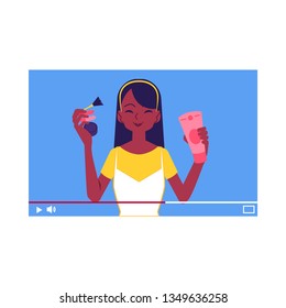 Vector beauty blogger reviewing cosmetics and makeup products. Youtuber african girl producing video content. Video vlog channel with tutorials. Young woman streamer, fashion vlog