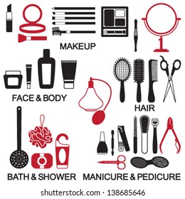 Vector beauty and care cosmetic products silhouette icons set