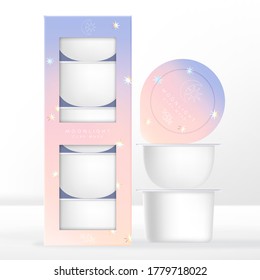 Vector Beauty, Coffee Or Beverage Capsules Or Pods Packaging With Carton Box. Pastel Gradient Moonlight  Theme Design.