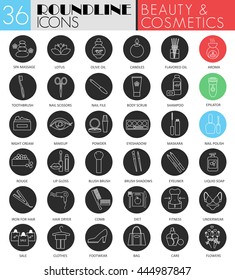 Vector beauty cosmetics circle white black icon set. Modern line black icon design for web. 