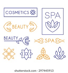 Vector beauty and cosmetics logos and labels in trendy linear style  organic and natural badges and icons