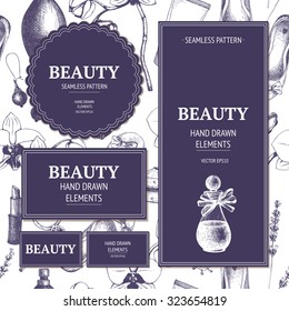 Vector beauty design with ink hand drawn cosmetics and jeweleries illustration for greeting card or invitation. Vintage fashion seamless pattern
