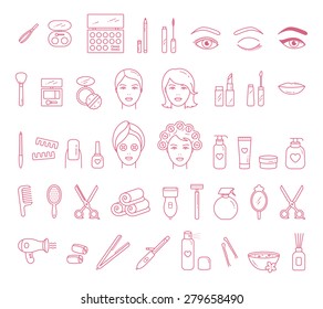 Vector Beauty, Face and Hair Care outlined icon set