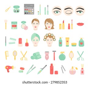 Vector Beauty, Face and Hair Care outlined icon set