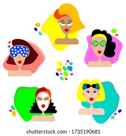 Vector beauty faces. Flat drawing of set faces and hair styles. Various masks and self-care objects. Cosmetology. Skin care.