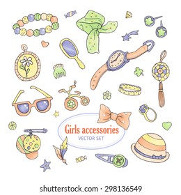 Vector beauty and fashion colorful hand drawn pattern. Woman accessories. Stuff that girls like so much. 