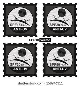 Vector : Beauty, Fashion and Healthcare Concept Present by Black Stamp Tag, Sticker or Badge With SPF15 PA++ - SPF50 PA++ Anti-UV Text and Anti UV Sign Isolated on White Background 