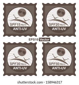 Vector : Beauty, Fashion and Healthcare Concept Present by Brown Stamp Tag, Sticker or Badge With SPF15 PA++ - SPF50 PA++ Anti-UV Text and Anti UV Sign Isolated on White Background 