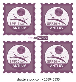 Vector : Beauty, Fashion and Healthcare Concept Present by Violet Stamp Tag, Sticker or Badge With SPF15 PA++ - SPF50 PA++ Anti-UV Text and Anti UV Sign Isolated on White Background 