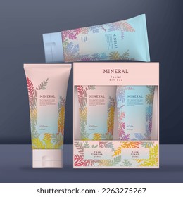 Vector Beauty Hand Cream Gift Box Packaging with Flip Cap. Pastel Gradient Colors Summer or Spring Tropical Leaf or Fern Pattern Design.