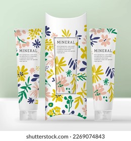 Vector Beauty Hand Cream or Lotion Tube Gift Box Packaging with Floral or Herbal Abstract Pattern Design.